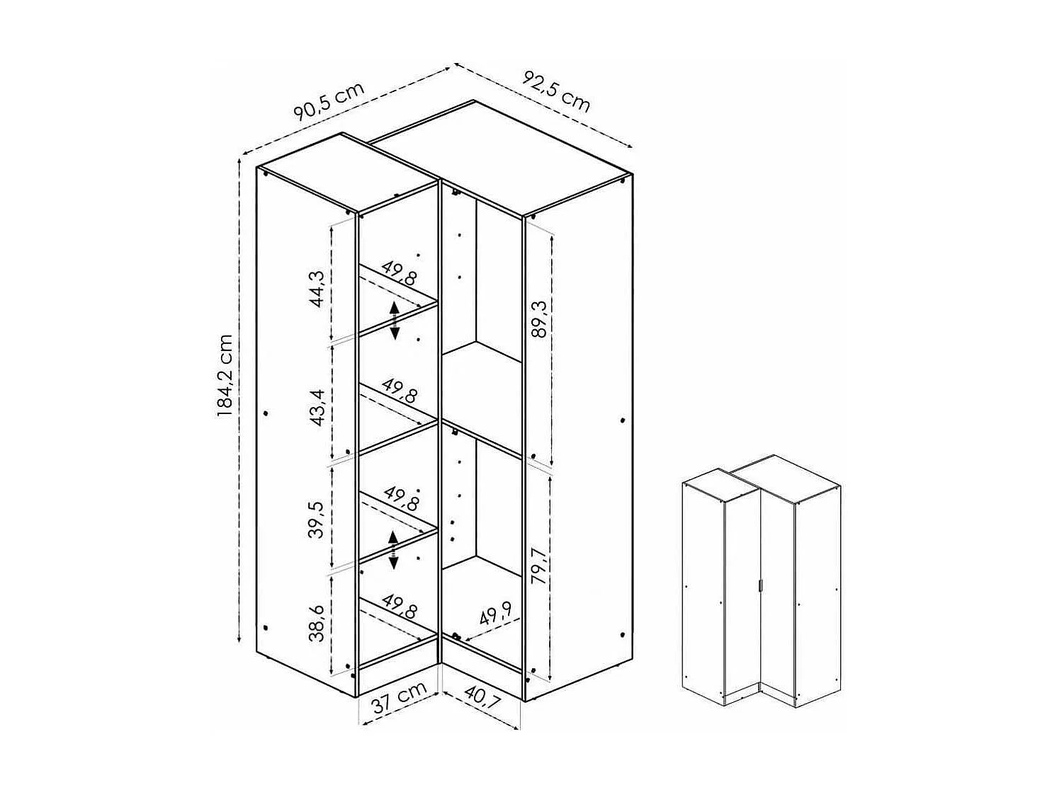Armario ropero rincón puertas abatibles Jaén acabado blanco, 184 cm(alto)90.5 cm(ancho)9