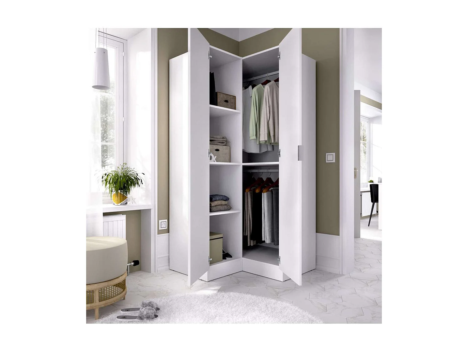 Armario ropero rincón puertas abatibles Jaén acabado blanco, 184 cm(alto)90.5 cm(ancho)9