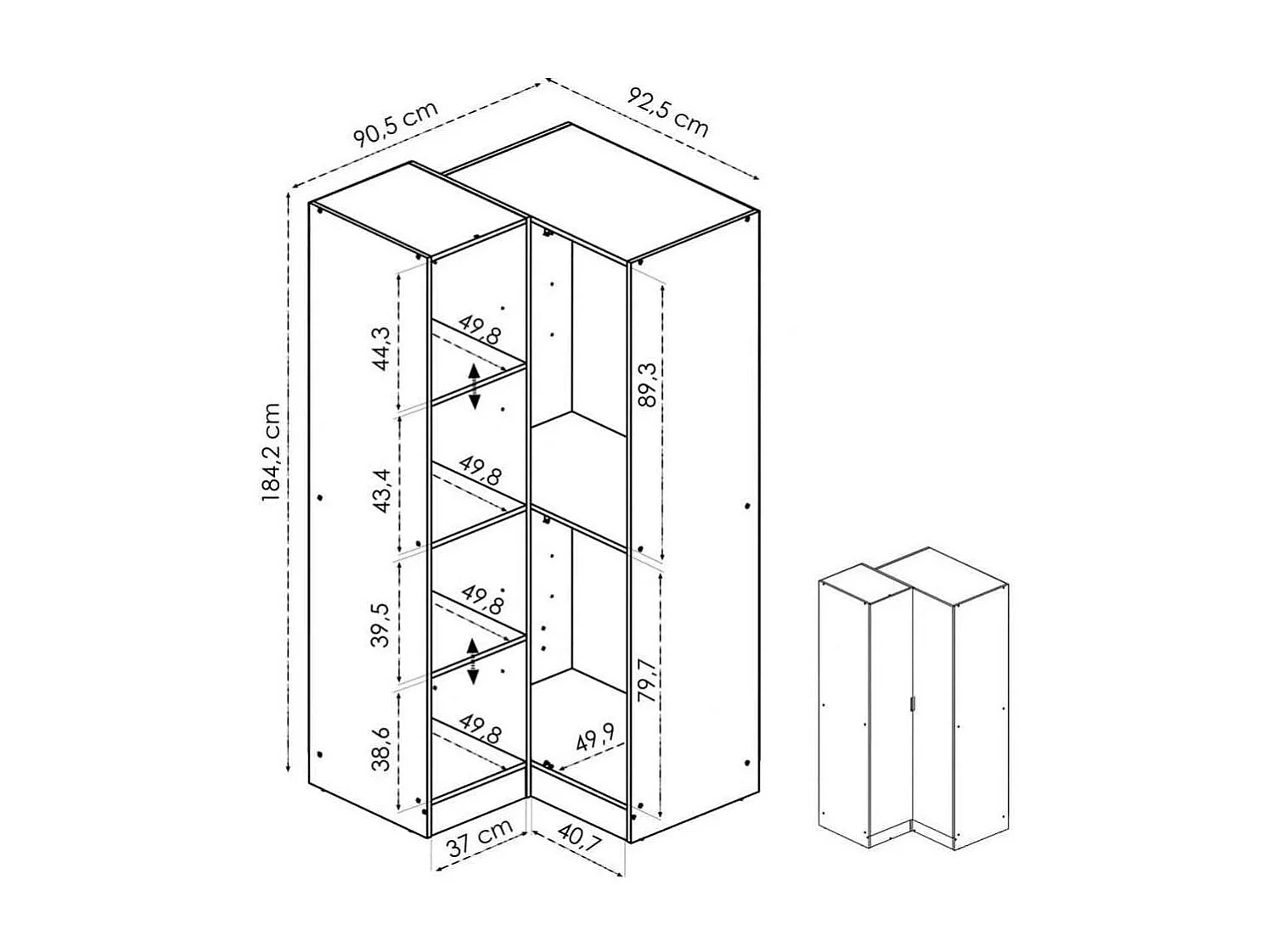 Armario ropero rincón puertas abatibles Jaén acabado blanco, 184 cm(alto)90.5 cm(ancho)9