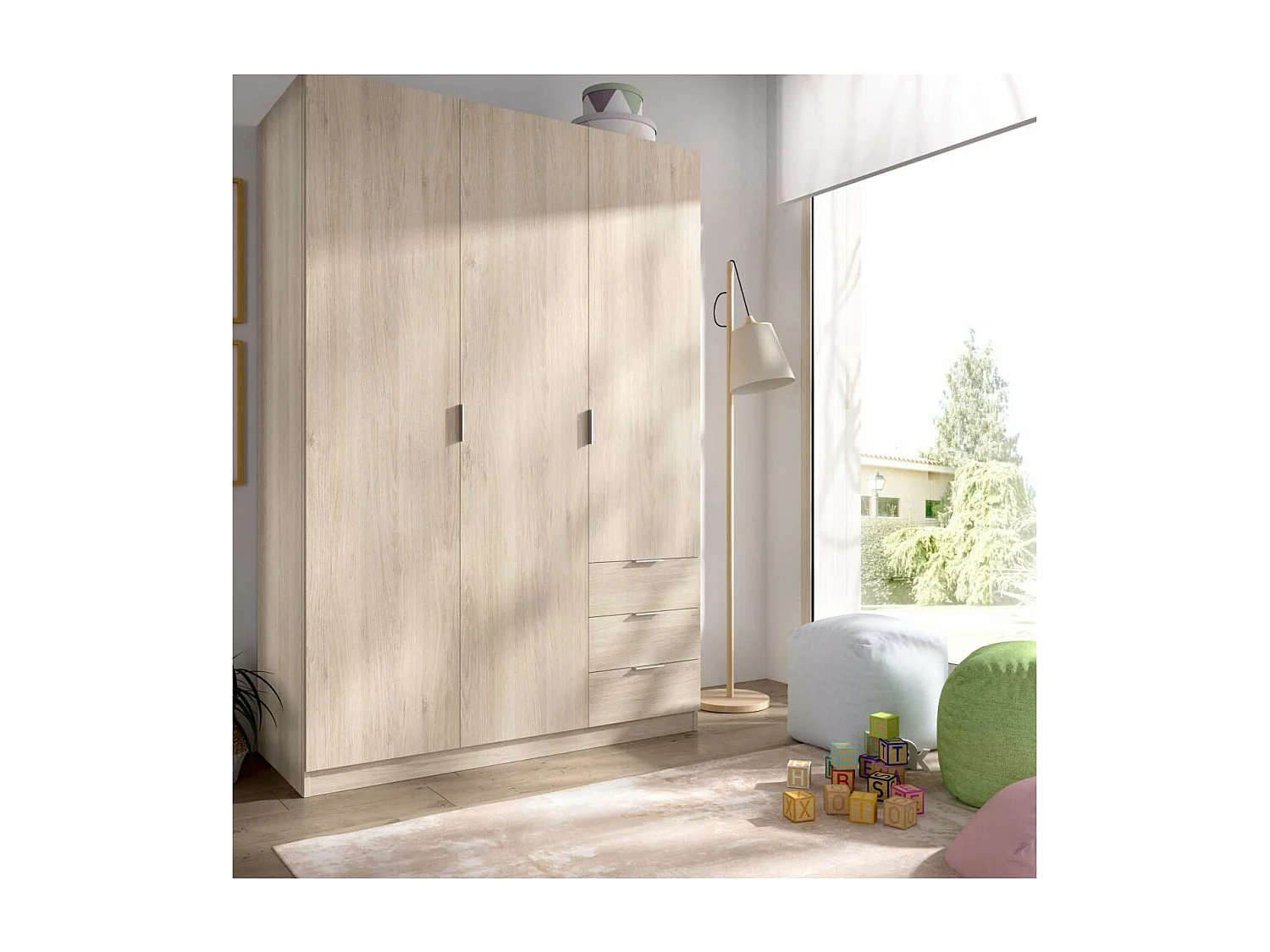 Armario ropero Lana 3 puertas abatibles y 3 cajones en roble natural 184 cm(alto)121 cm(an