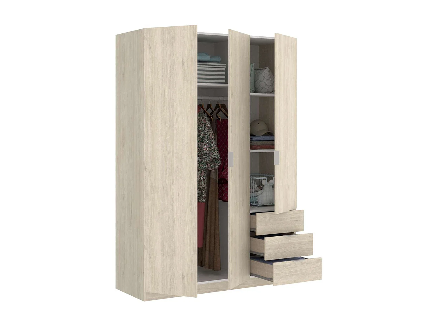 Armario ropero Lana 3 puertas abatibles y 3 cajones en roble natural 184 cm(alto)121 cm(an