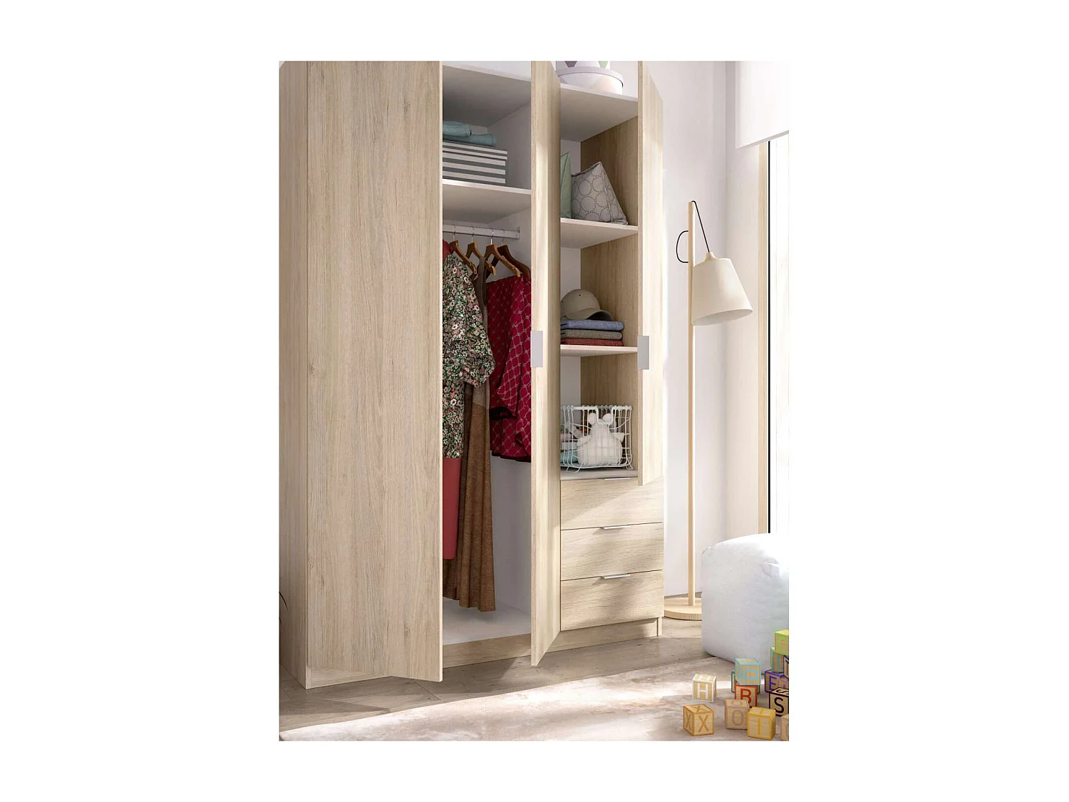 Armario ropero Lana 3 puertas abatibles y 3 cajones en roble natural 184 cm(alto)121 cm(an
