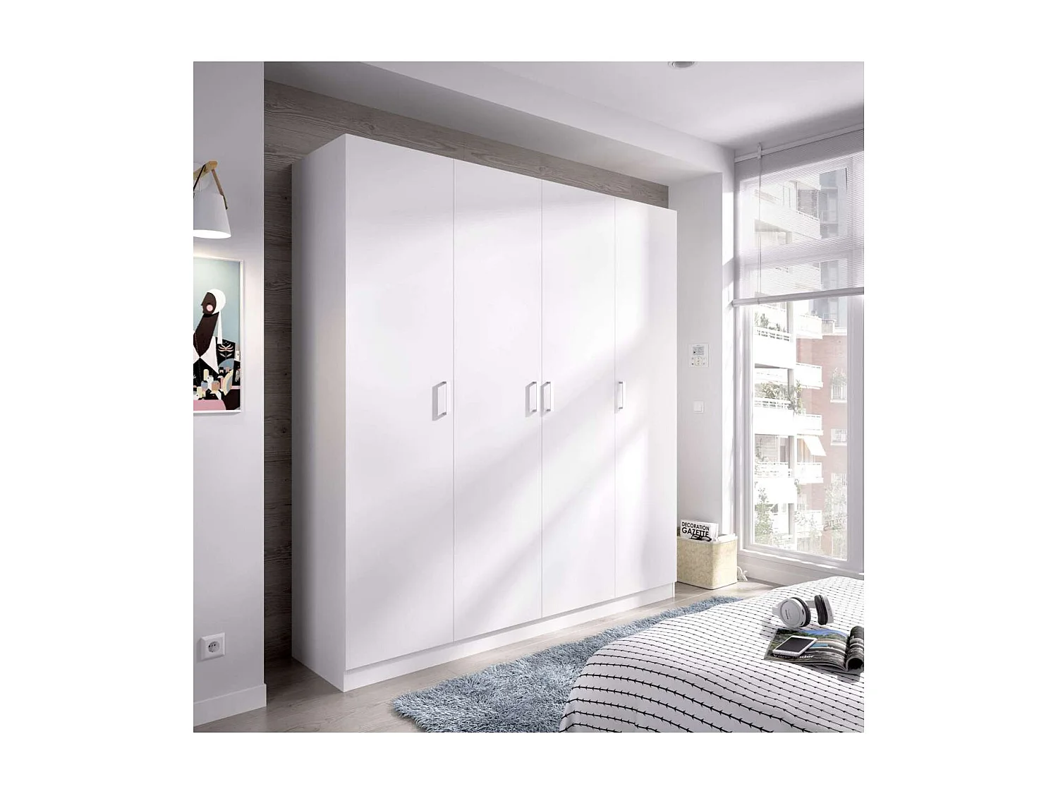 Armario ropero en blanco 4 puertas abatibles Huesa 215 cm(alto)200 cm(ancho)52 cm(fondo)