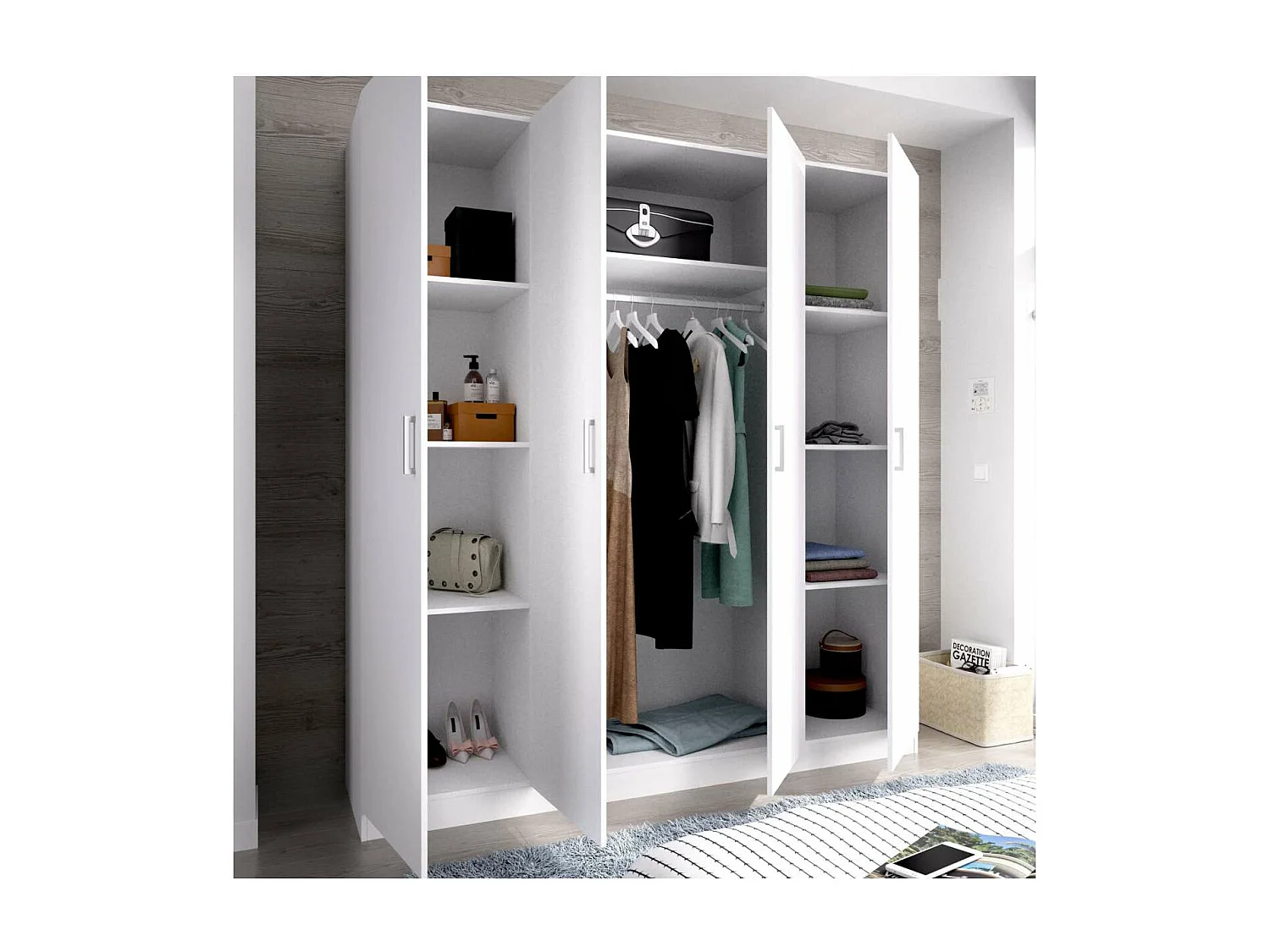 Armario ropero en blanco 4 puertas abatibles Huesa 215 cm(alto)200 cm(ancho)52 cm(fondo)