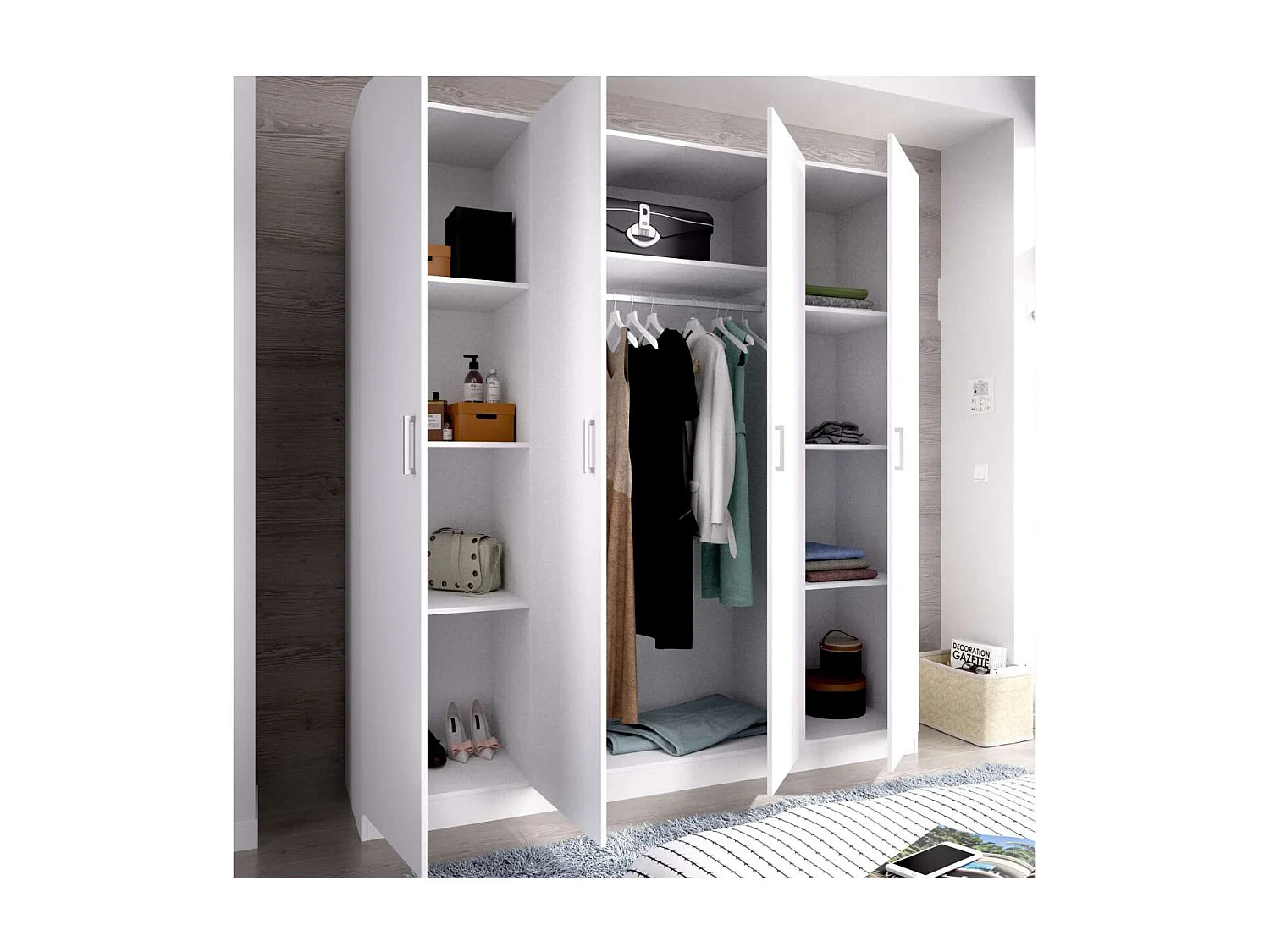 Armario ropero en blanco 4 puertas abatibles Huesa 215 cm(alto)200 cm(ancho)52 cm(fondo)