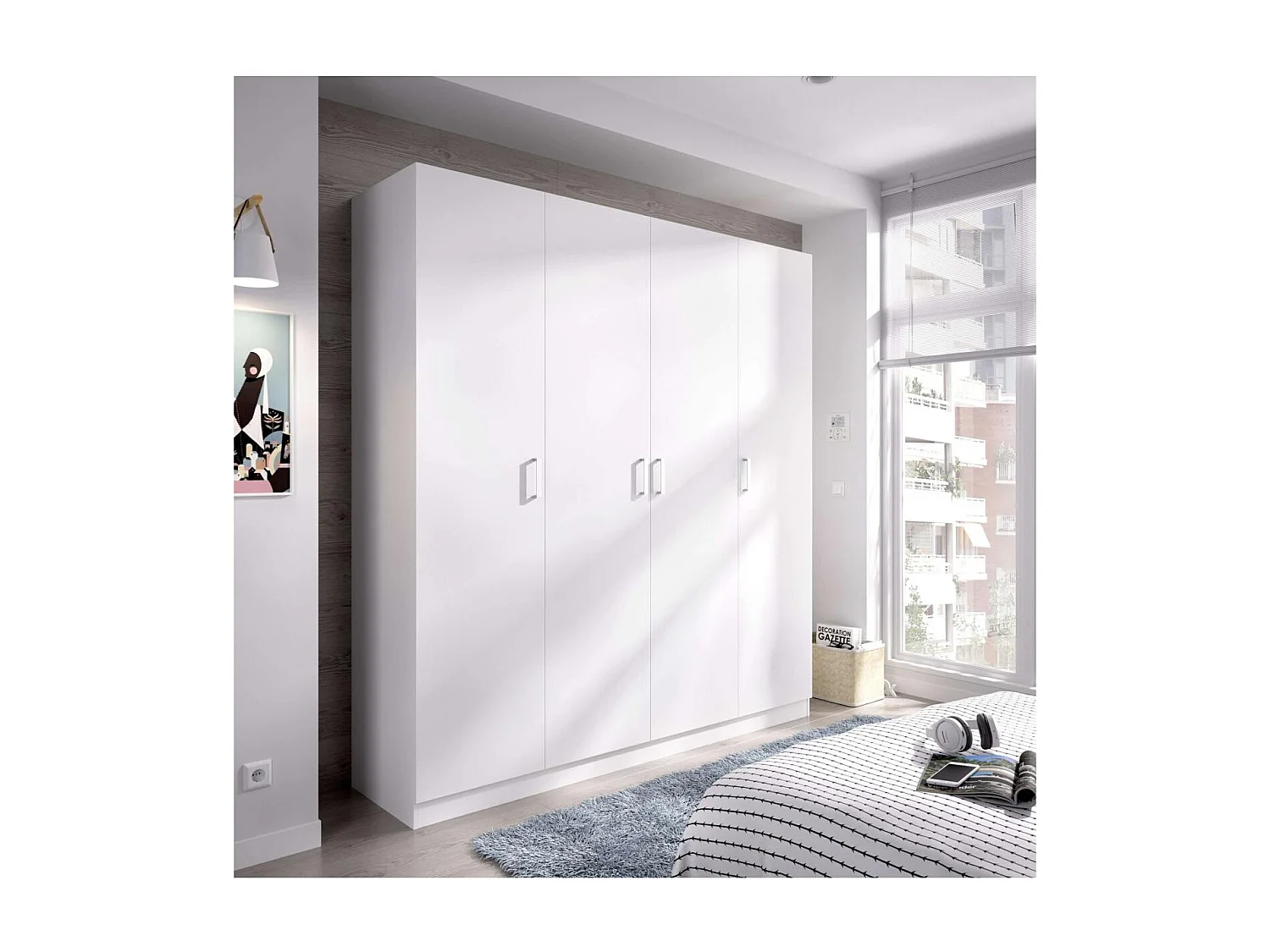 Armario ropero en blanco 4 puertas abatibles Huesa 215 cm(alto)200 cm(ancho)52 cm(fondo)