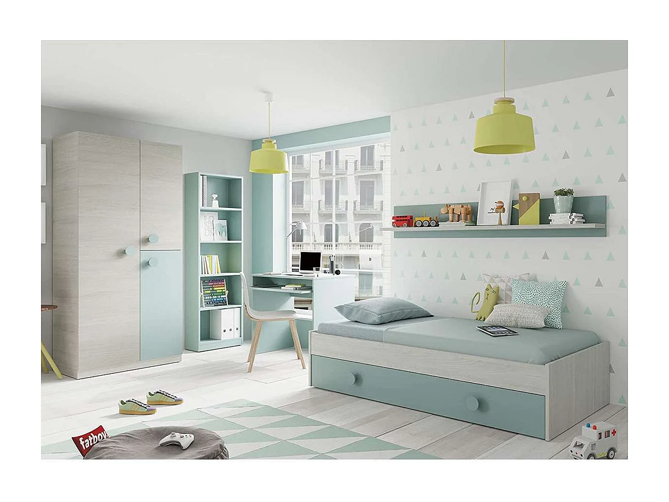 Armario ropero Violeta 3 puertas abatibles acabado blanco/verde acqua 200 cm(alto) 90 cm(a