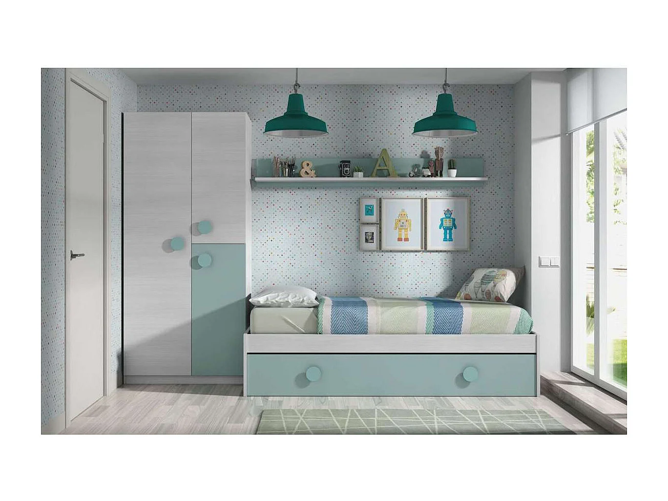 Armario ropero Violeta 3 puertas abatibles acabado blanco/verde acqua 200 cm(alto) 90 cm(a