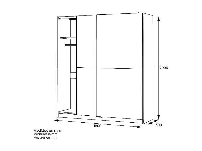 Armario 2 puertas correderas acabado en blanco poro, 200 cm(alto)180 cm(ancho)60 cm(fondo)