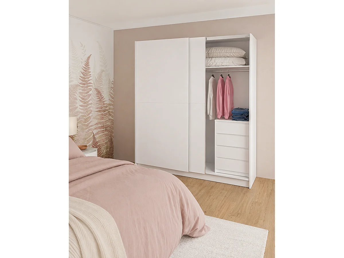 Armario 2 puertas correderas acabado en blanco poro, 200 cm(alto)180 cm(ancho)60 cm(fondo)