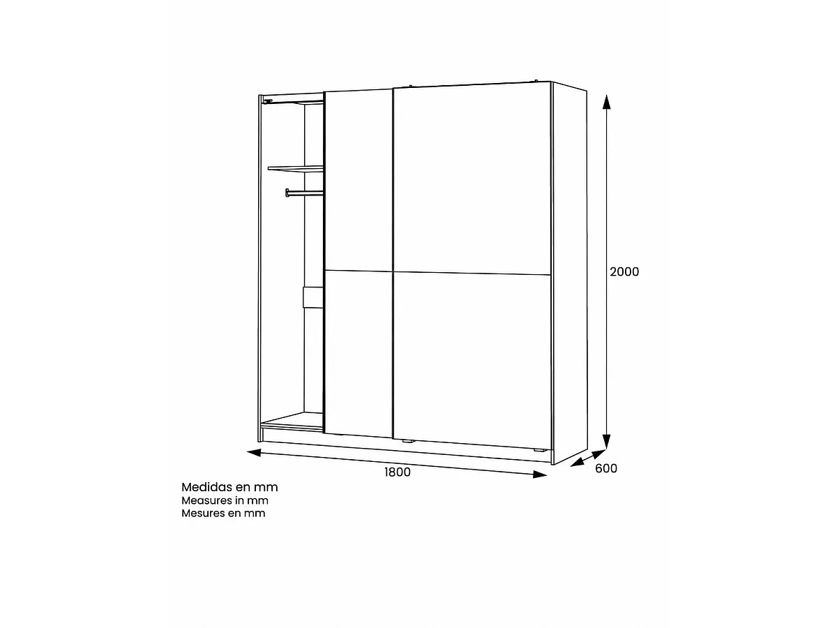 Armario 2 puertas correderas acabado en blanco poro, 200 cm(alto)180 cm(ancho)60 cm(fondo)