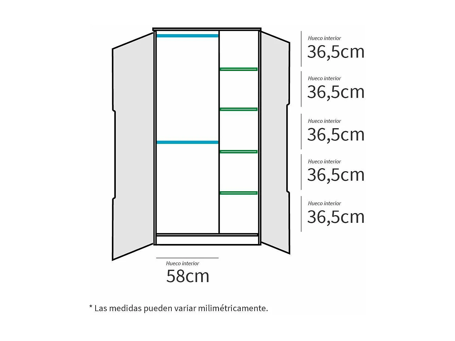 Armario ropero 2 puertas abatibles Noa acabado roble gold, 100cm(ancho) 200cm(altura) 57cm