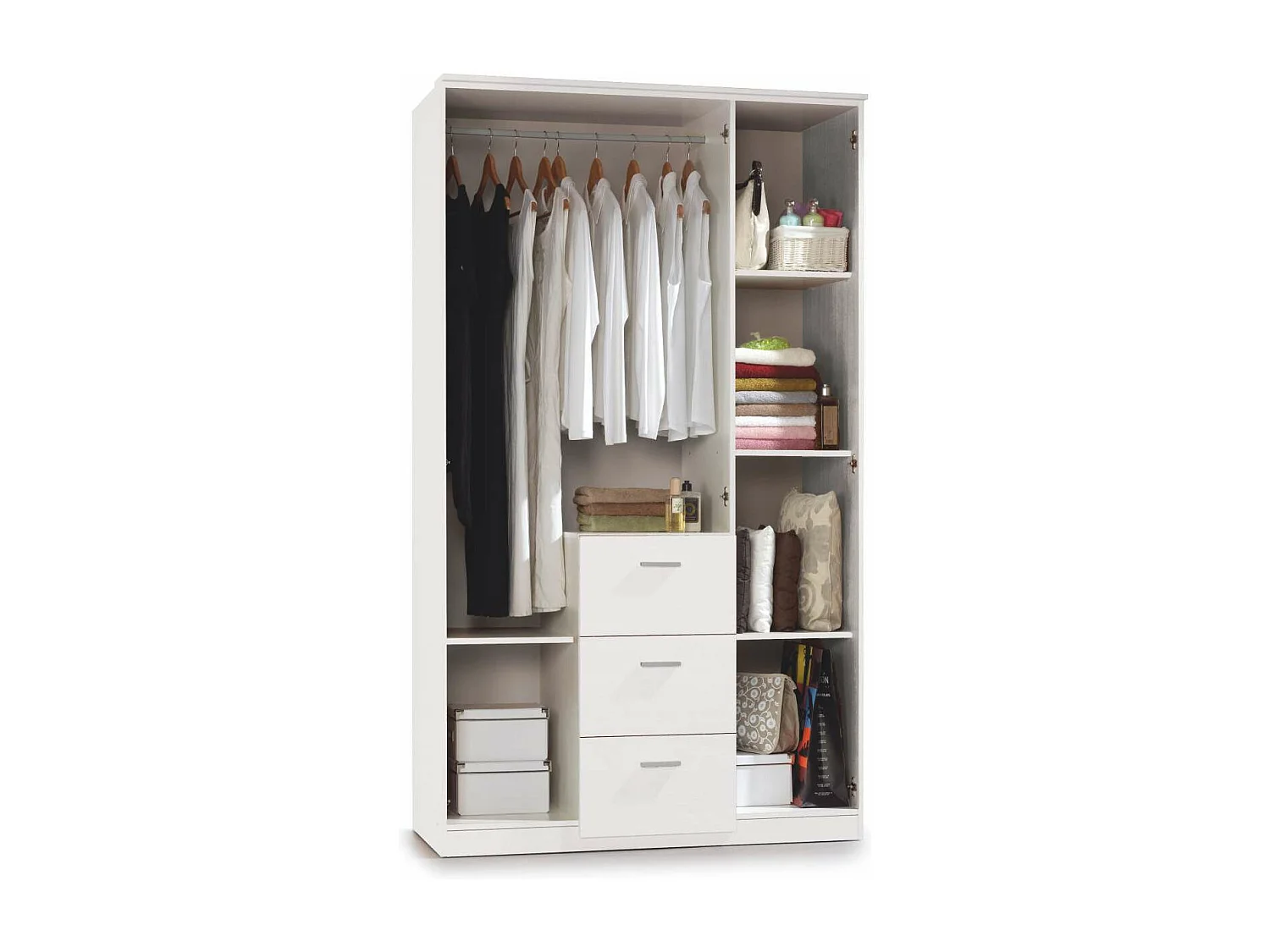 Armario ropero Moleo en acabado blanco de 3 puertas y 3 cajones. 117 cm (ancho), 203 cm (a