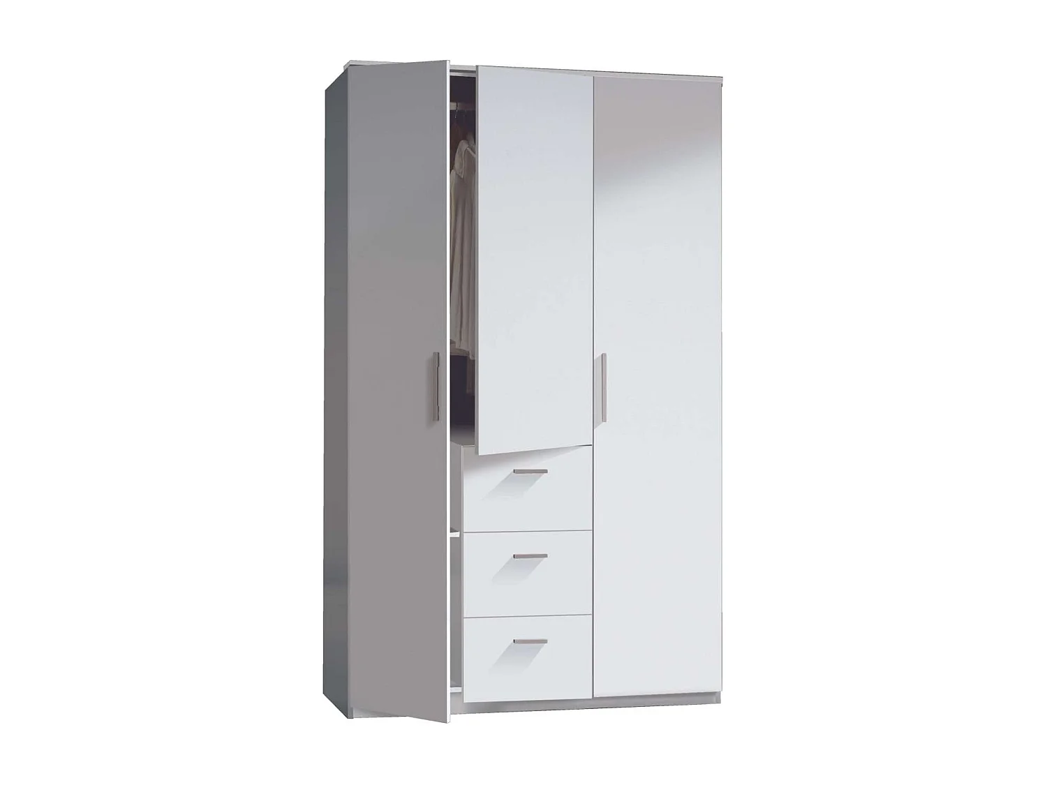 Armario ropero Moleo en acabado blanco de 3 puertas y 3 cajones. 117 cm (ancho), 203 cm (a