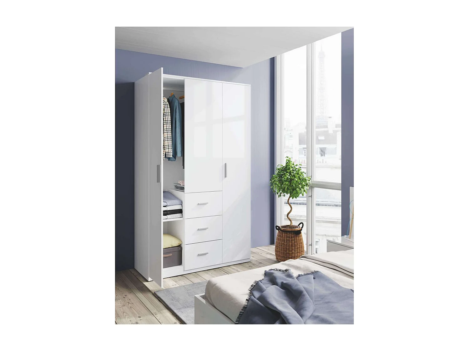 Armario ropero Moleo en acabado blanco de 3 puertas y 3 cajones. 117 cm (ancho), 203 cm (a