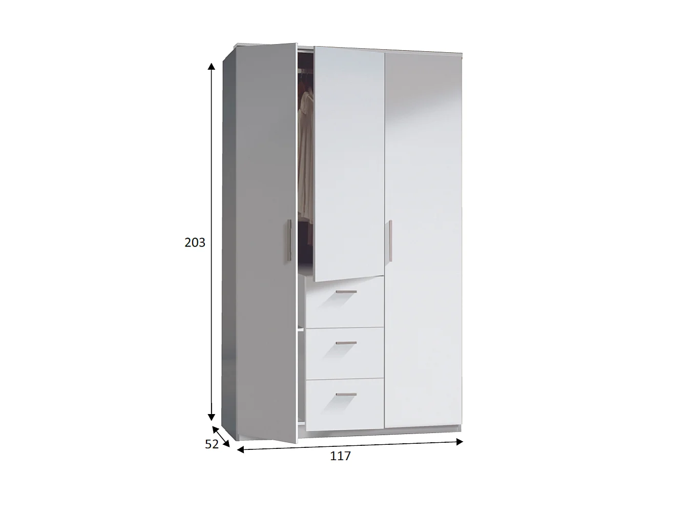 Armario ropero Moleo en acabado blanco de 3 puertas y 3 cajones. 117 cm (ancho), 203 cm (a