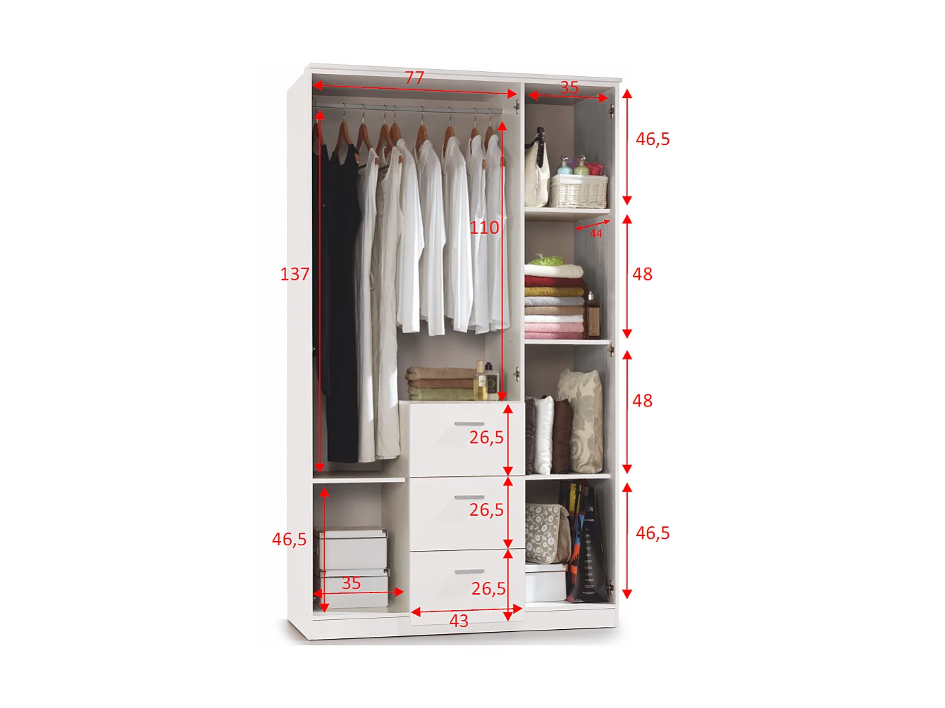 Armario ropero Moleo en acabado blanco de 3 puertas y 3 cajones. 117 cm (ancho), 203 cm (a