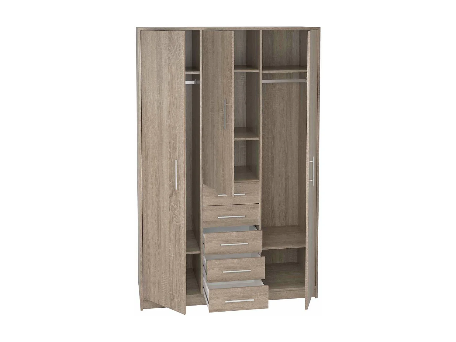 Armario 3 puertas abatibles 5 cajones acabado roble, 200 cm(alto)130 cm(ancho)50 cm(fondo)