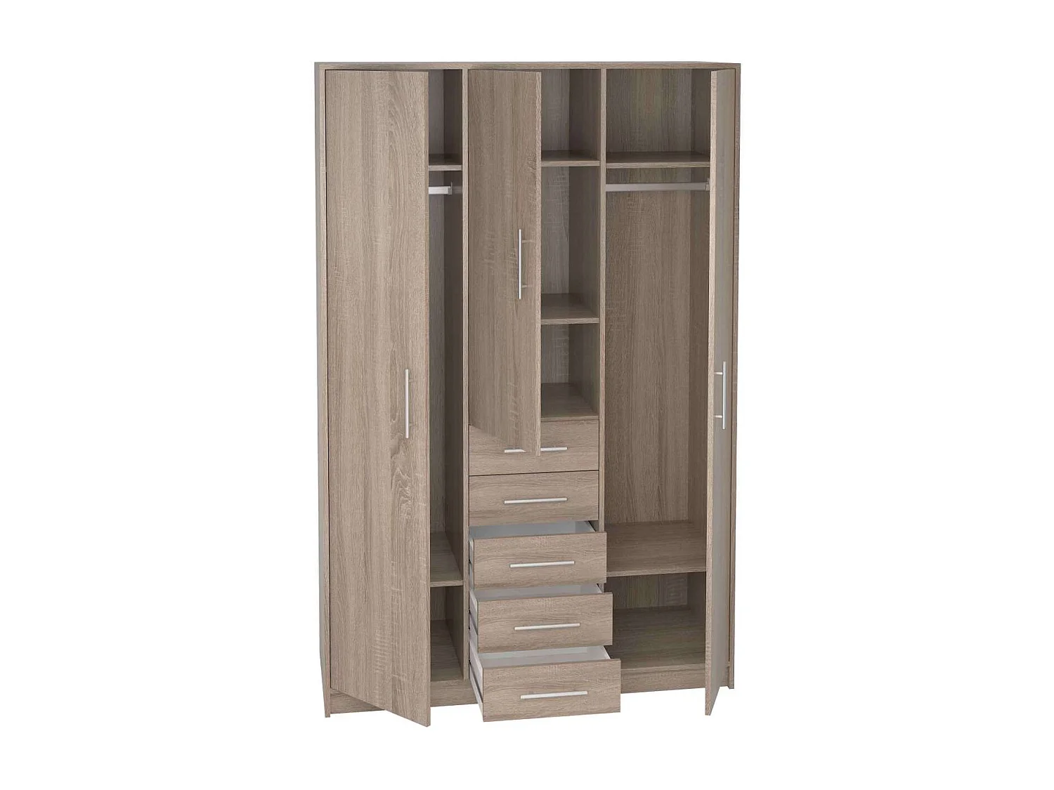 Armario 3 puertas abatibles 5 cajones acabado roble, 200 cm(alto)130 cm(ancho)50 cm(fondo)