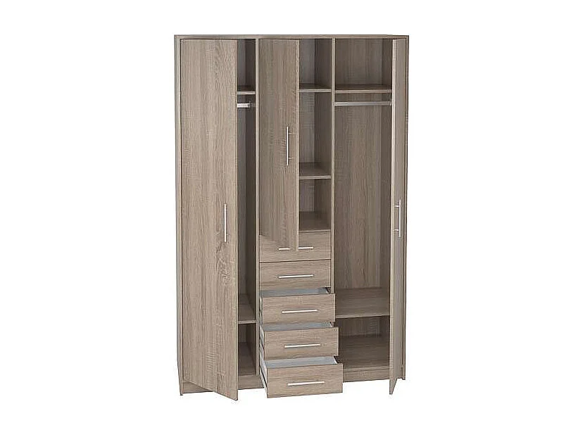 Armario 3 puertas abatibles 5 cajones acabado roble cortez, 200 cm(alto)130 cm(ancho)50 cm