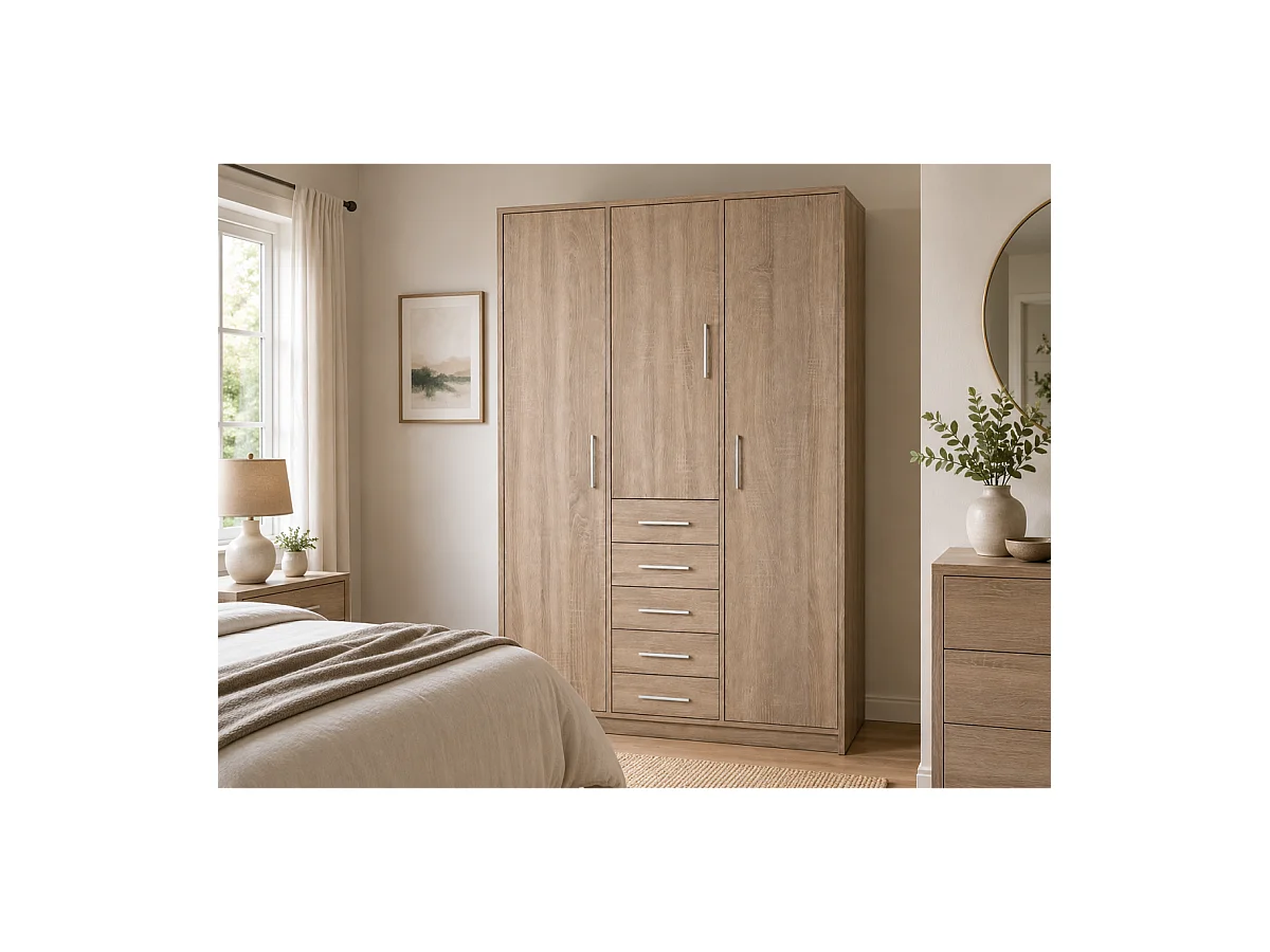 Armario 3 puertas abatibles 5 cajones acabado roble cortez, 200 cm(alto)130 cm(ancho)50 cm
