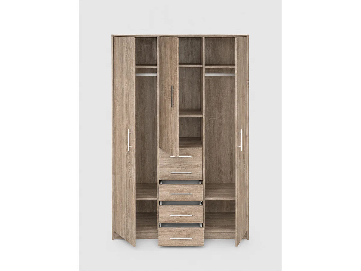 Armario 3 puertas abatibles 5 cajones acabado roble cortez, 200 cm(alto)130 cm(ancho)50 cm