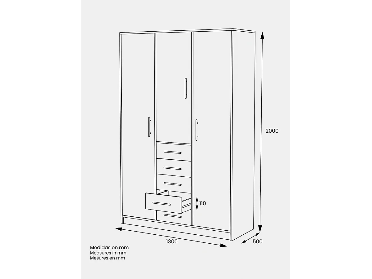 Armario 3 puertas abatibles 5 cajones acabado roble cortez, 200 cm(alto)130 cm(ancho)50 cm