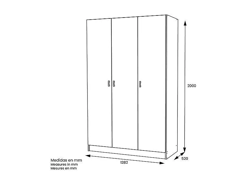Armario 3 puertas abatibles acabado roble cortez, 200 cm(alto)128,2 cm(ancho)52 cm(fondo)