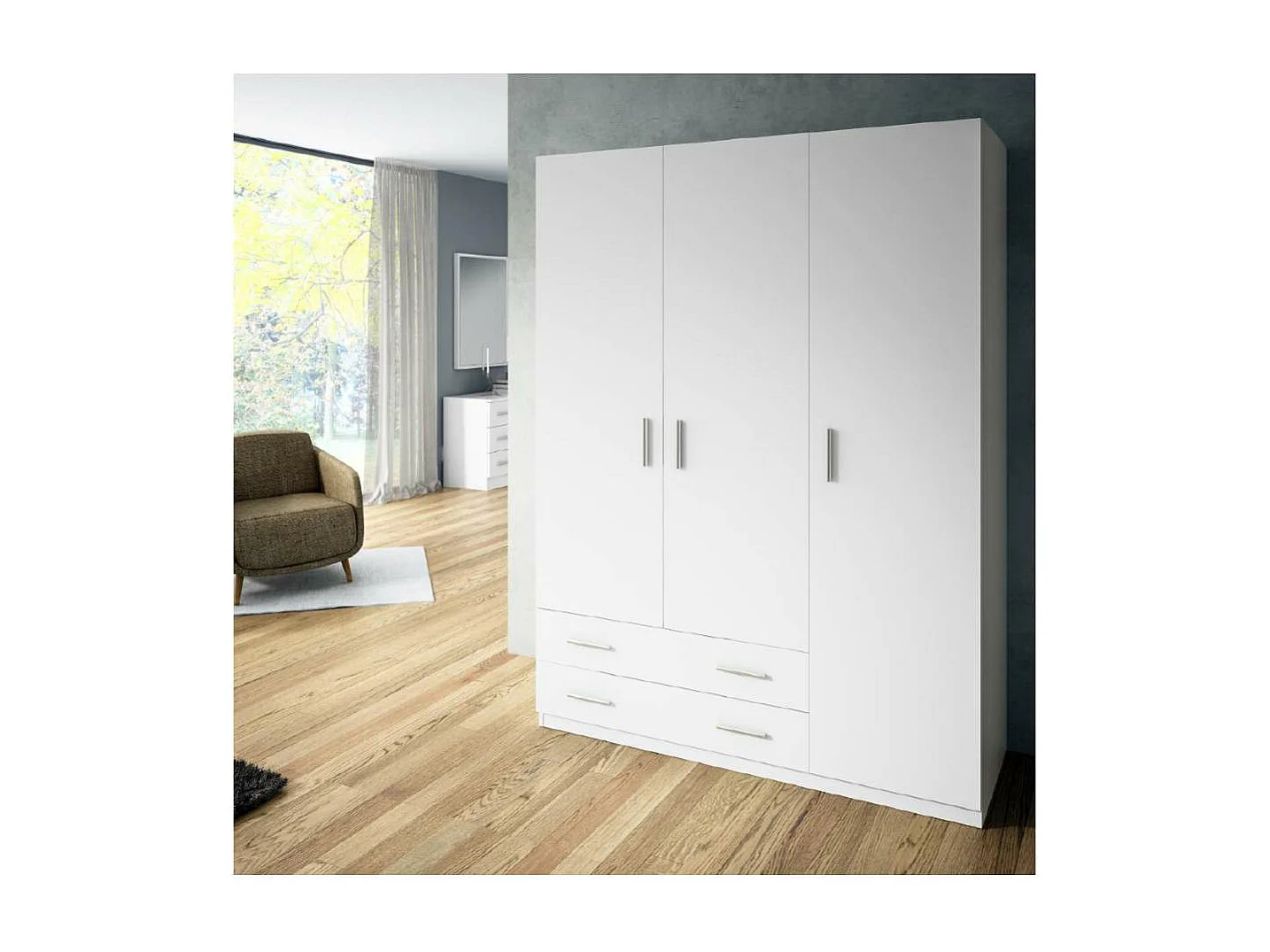 Armario ropero 3 puertas abatibles 2 cajones Lorena acabado blanco, 196cm(alto) 150cm(anch