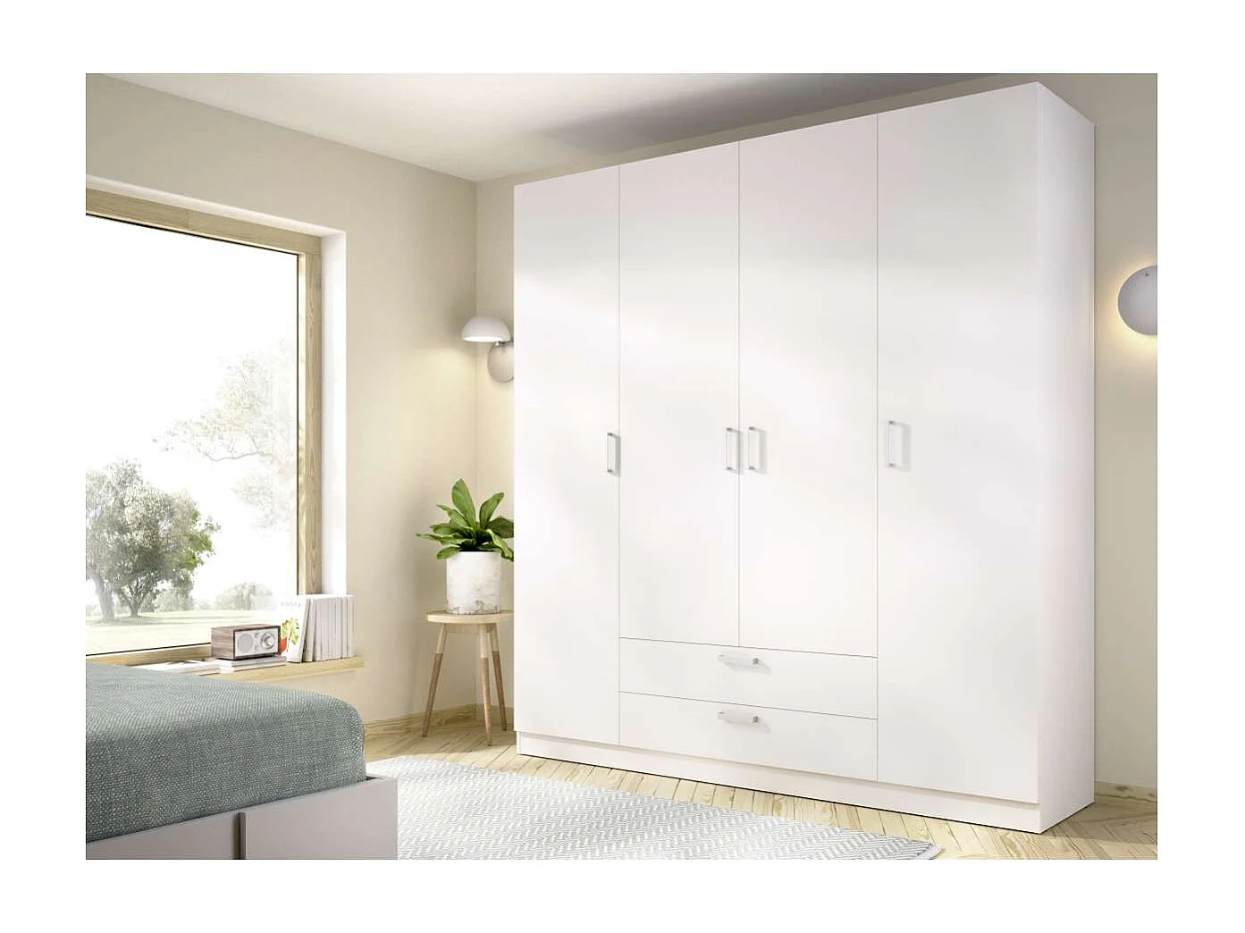 Armario 4 puertas abatibles 2 cajones acabado blanco, 216.5cm(alto) 201cm(ancho) 52cm(fond