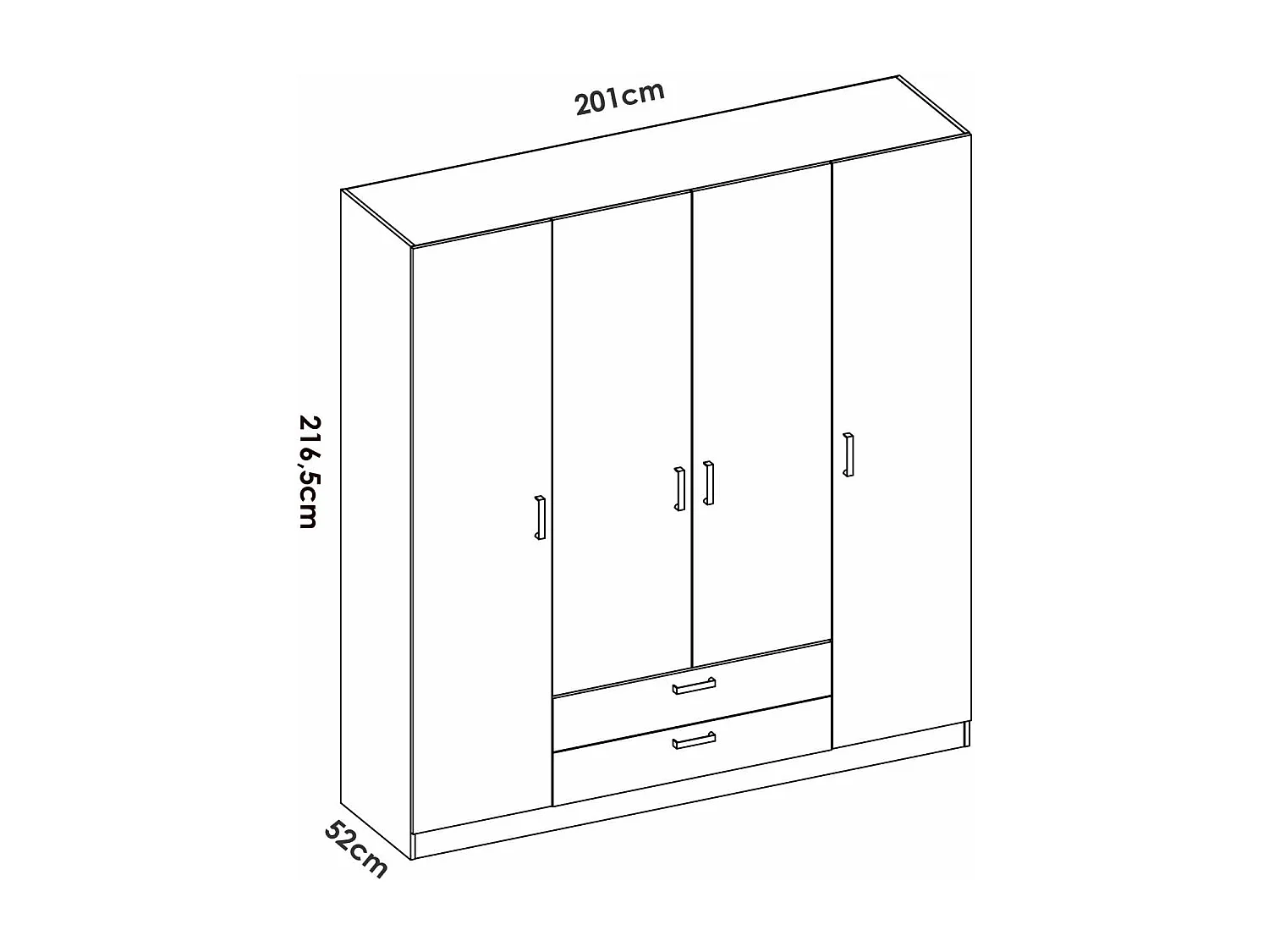 Armario 4 puertas abatibles 2 cajones acabado blanco, 216.5cm(alto) 201cm(ancho) 52cm(fond