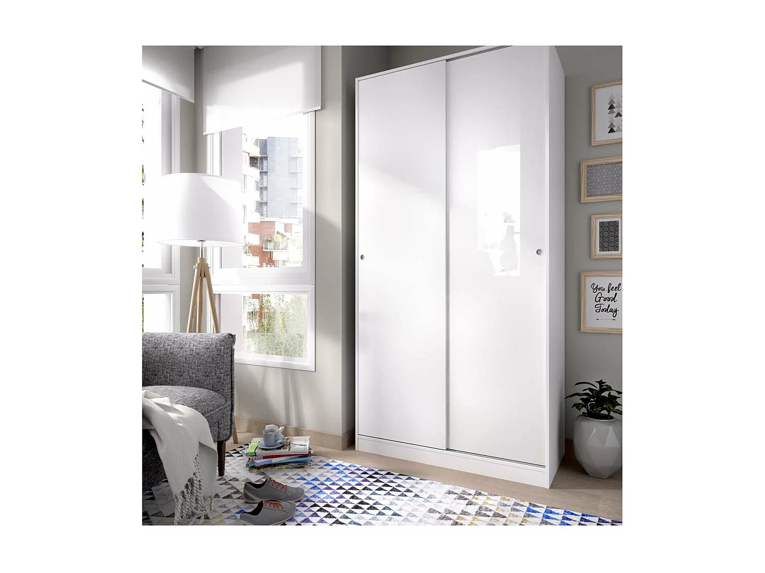 Armario puertas correderas Lupión en blanco brillo. Ancho 100 x fondo 50 x alto 204 cm.