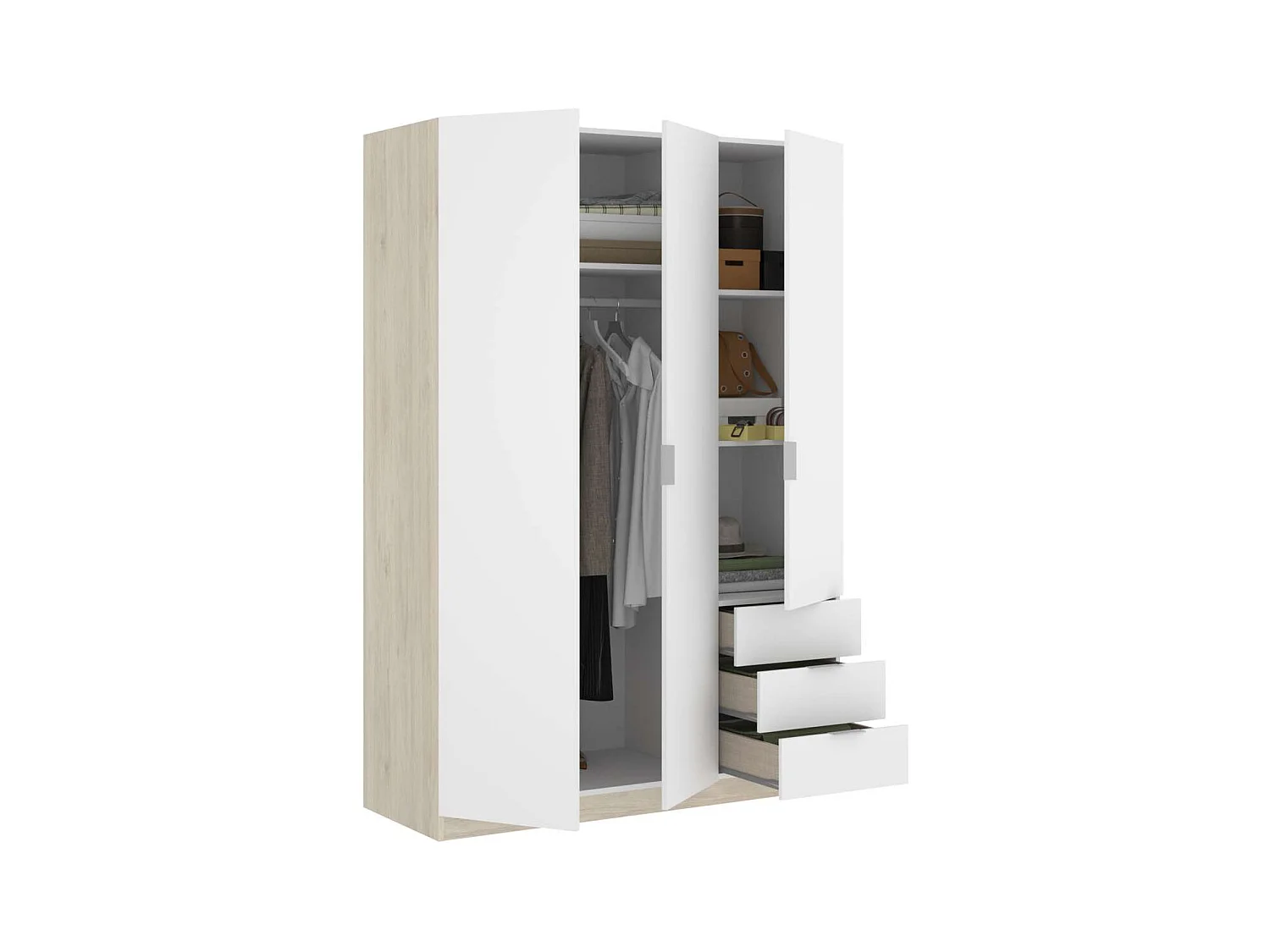 Armario ropero Lana 3 puertas abatibles y 3 cajones en roble natural-blanco 184 cm(alto)12