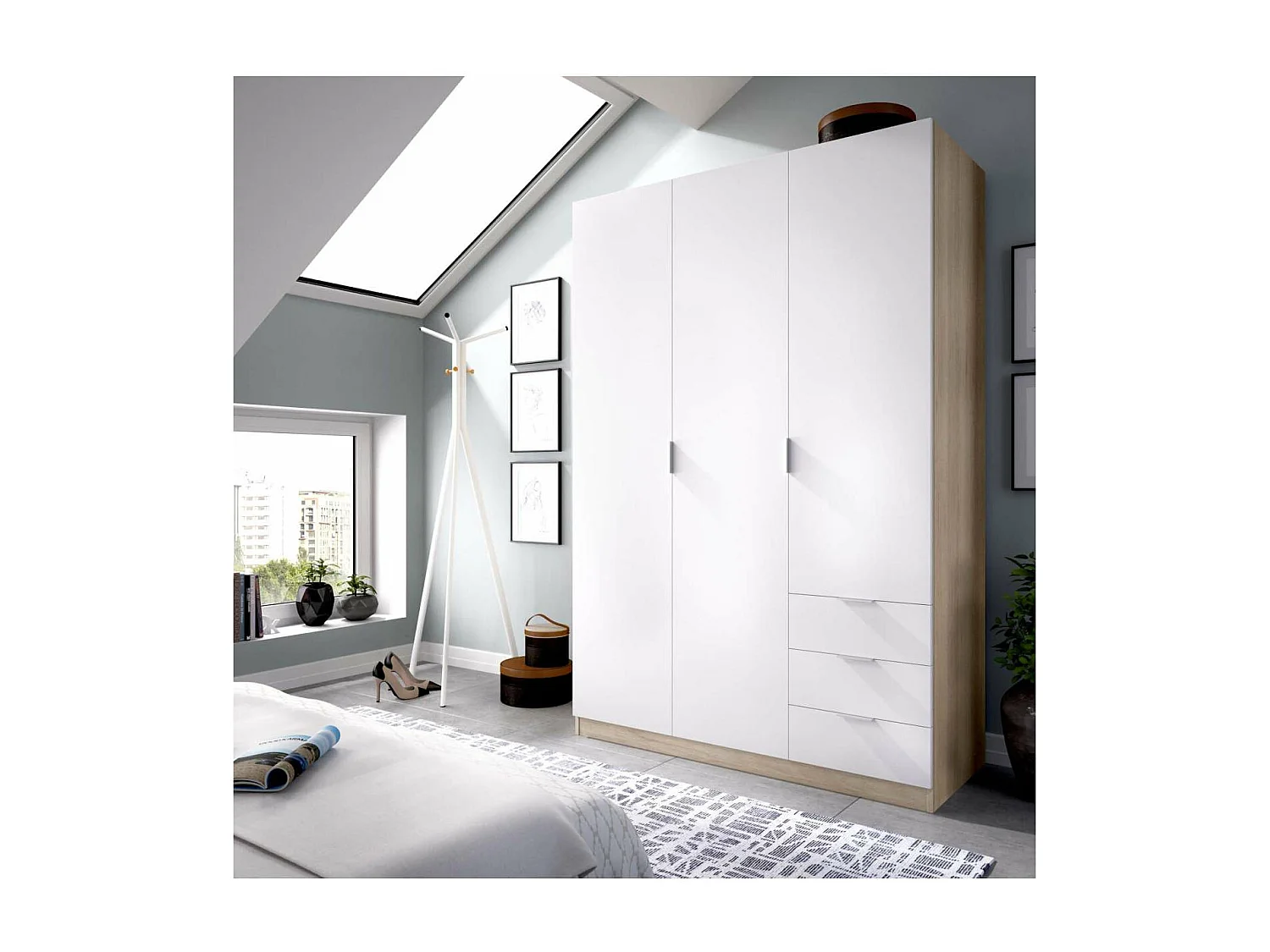 Armario ropero Lana 3 puertas abatibles y 3 cajones en roble natural-blanco 184 cm(alto)12