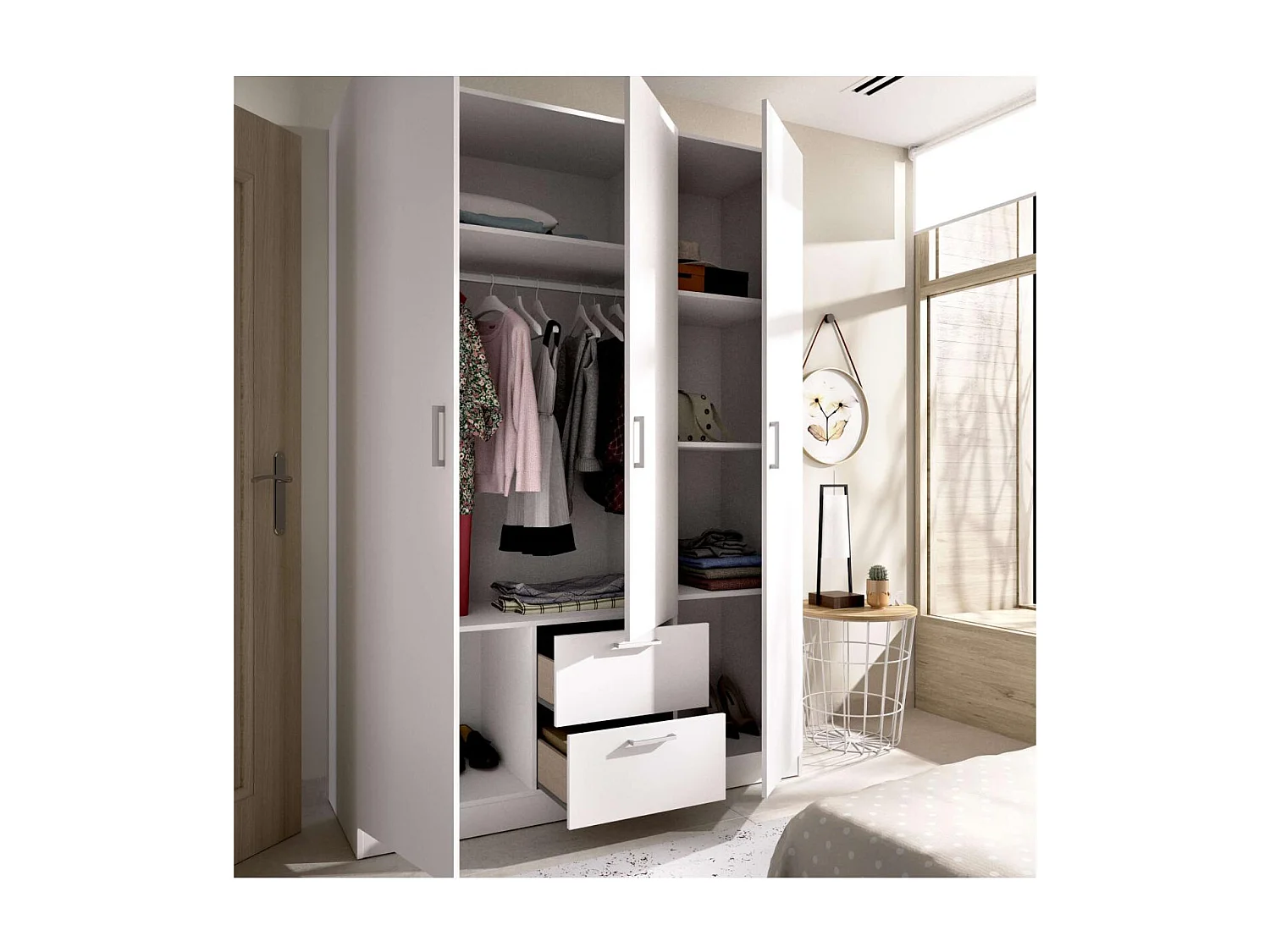 Armario ropero Huesa 3 puertas abatibles en blanco 215 cm(alto)150 cm(ancho)52 cm(largo)