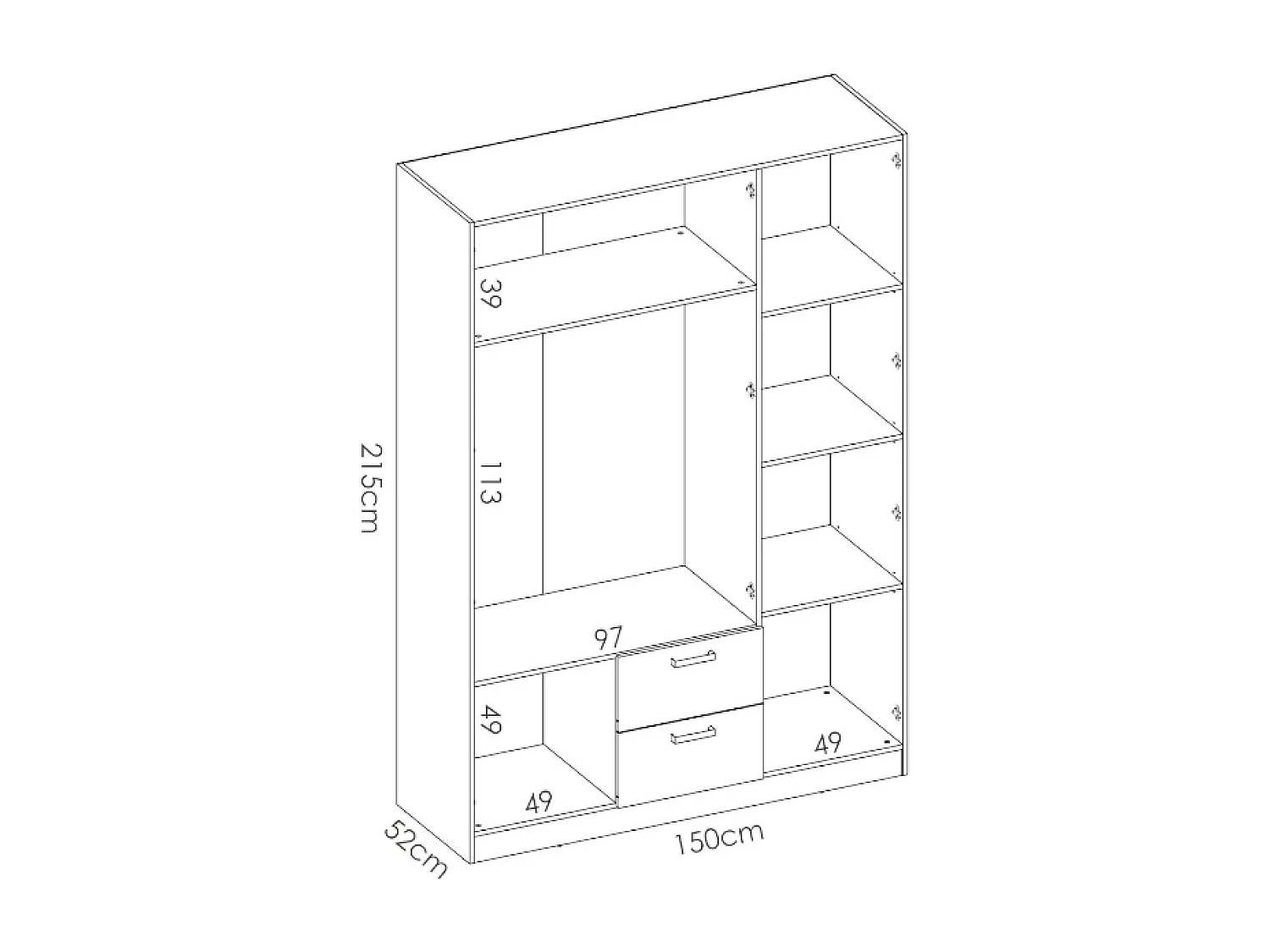 Armario ropero Huesa 3 puertas abatibles en blanco 215 cm(alto)150 cm(ancho)52 cm(largo)