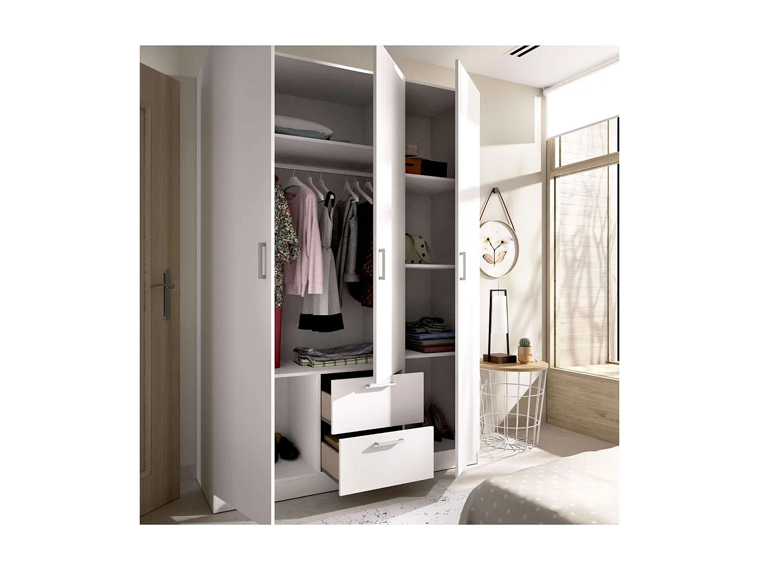 Armario ropero Huesa 3 puertas abatibles en blanco 215 cm(alto)150 cm(ancho)52 cm(largo)
