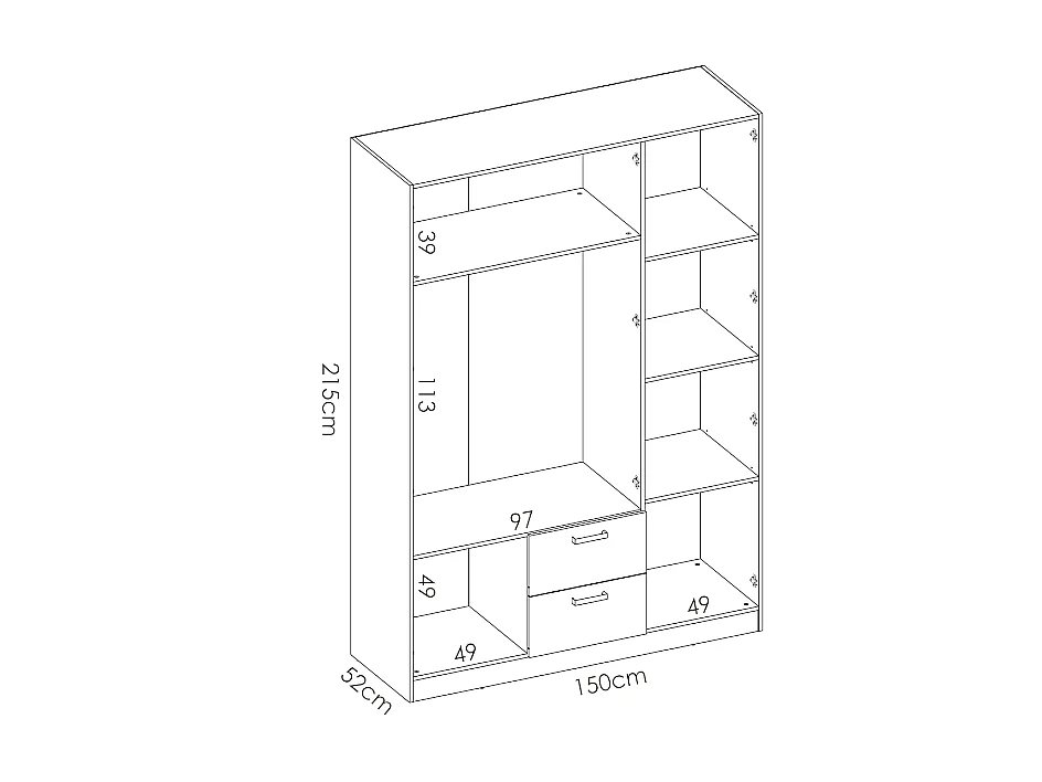 Armario ropero Huesa 3 puertas abatibles en blanco 215 cm(alto)150 cm(ancho)52 cm(largo)