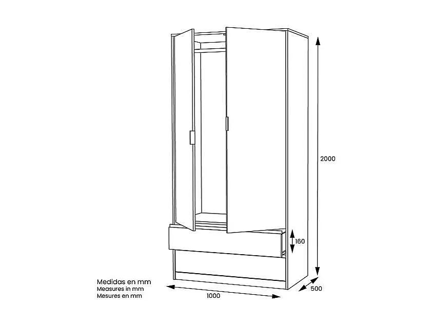 Armario 2 puertas 2 cajones abatibles acabado roble cortez/blanco 200 cm(alto)100 cm(ancho