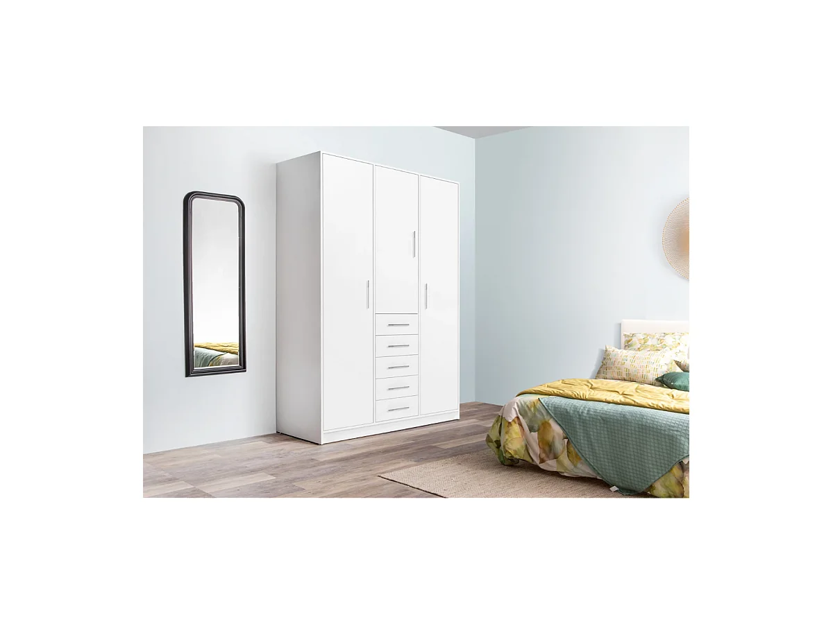 Armario 3 puertas abatibles 5 cajones acabado blanco, 200 cm(alto)130 cm(ancho)50 cm(fondo