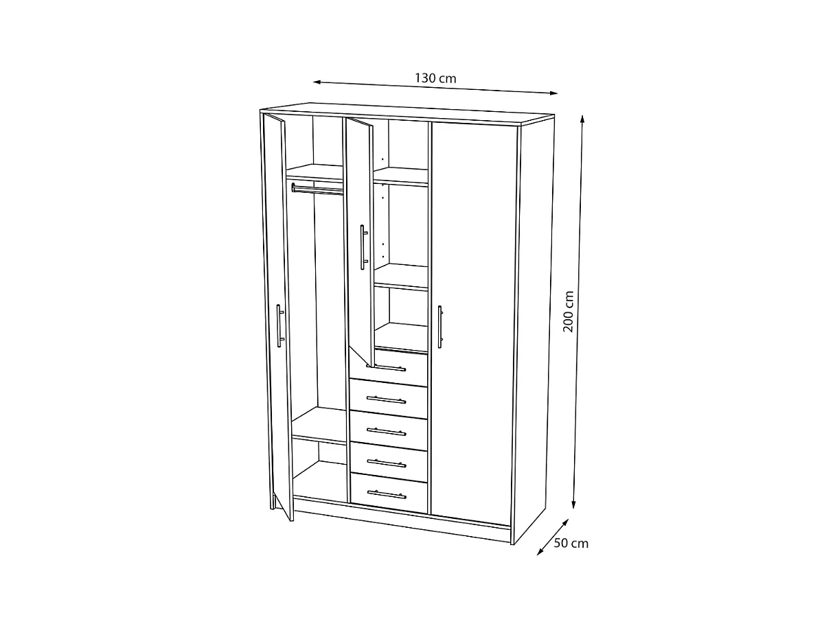 Armario 3 puertas abatibles 5 cajones acabado blanco, 200 cm(alto)130 cm(ancho)50 cm(fondo