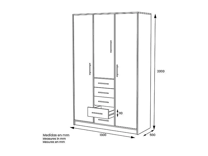 Armario 3 puertas abatibles 5 cajones acabado blanco, 200 cm(alto)130 cm(ancho)50 cm(fondo