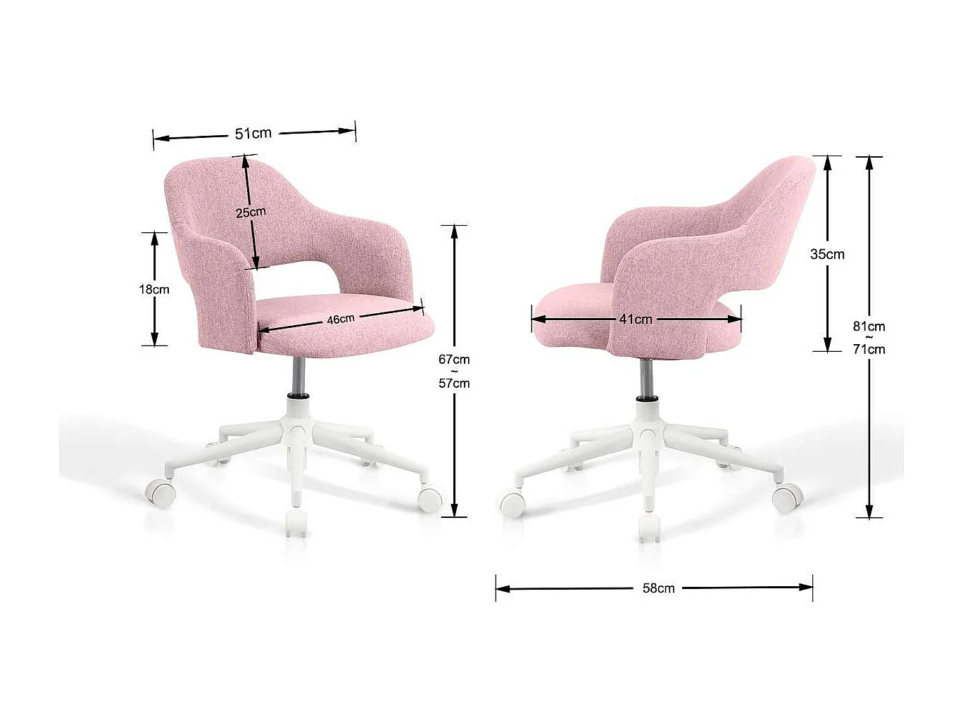 Silla despacho giratoria elevable acabado rosa, 58m(ancho) 71/81cm(altura) 58cm(fondo)