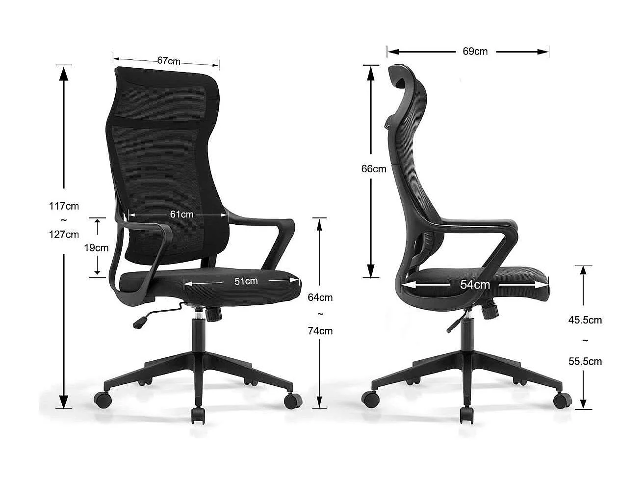 Silla despacho giratoria elevable con reposacabezas acabado negro, 67m(ancho) 117/127cm(al
