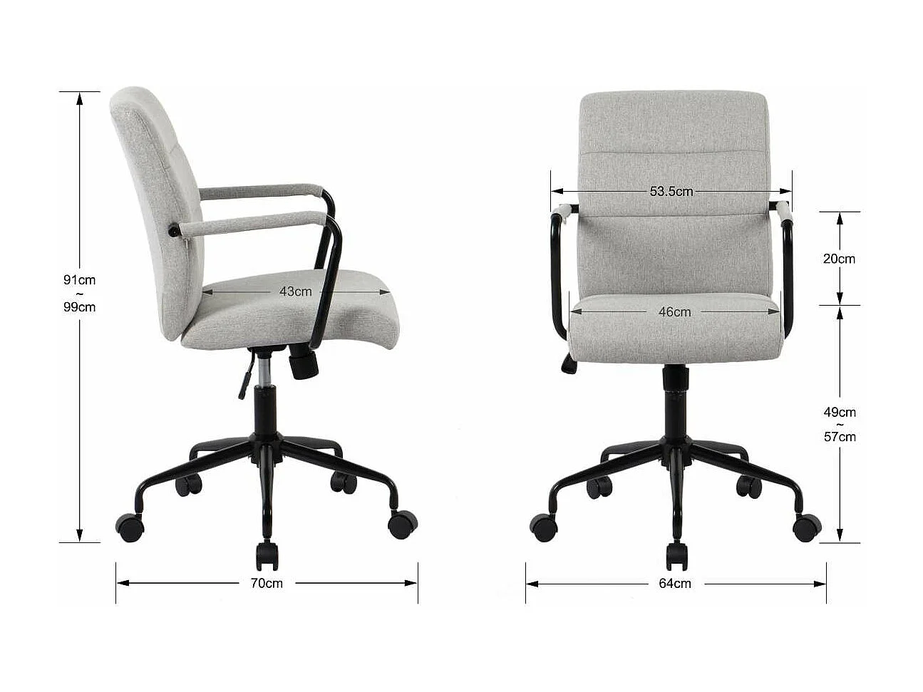 Silla despacho giratoria elevable acabado gris, 64m(ancho) 91/99cm(altura) 70cm(fondo)