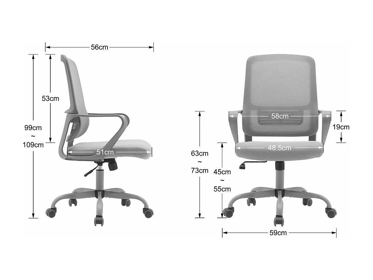 Silla despacho giratoria elevable acabado gris, 59m(ancho) 99/109cm(altura) 56cm(fondo)