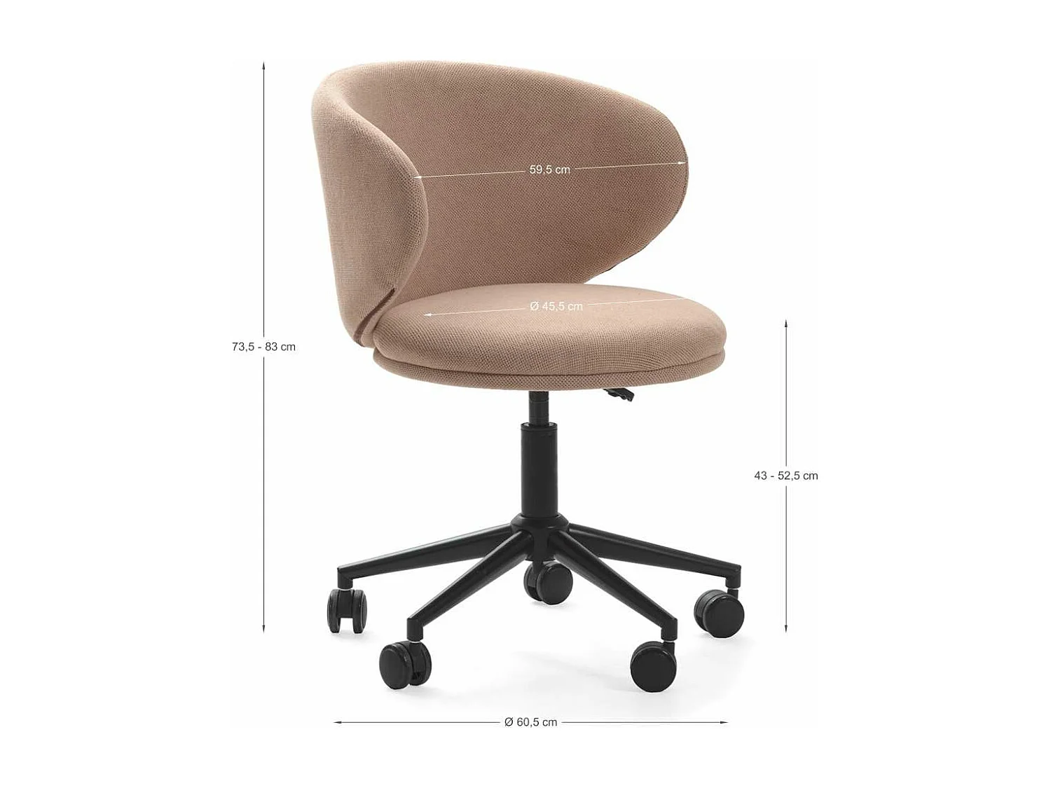 Sillón despacho giratorio elevable Rebeca acabado rosa clara, 60.5m(ancho) 73.5/83cm(altu