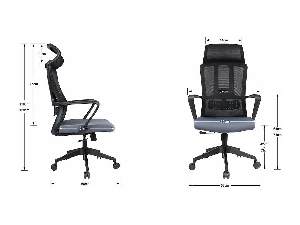 Silla despacho giratoria elevable con reposacabezas acabado negro/gris, 63cm(ancho) 118/12