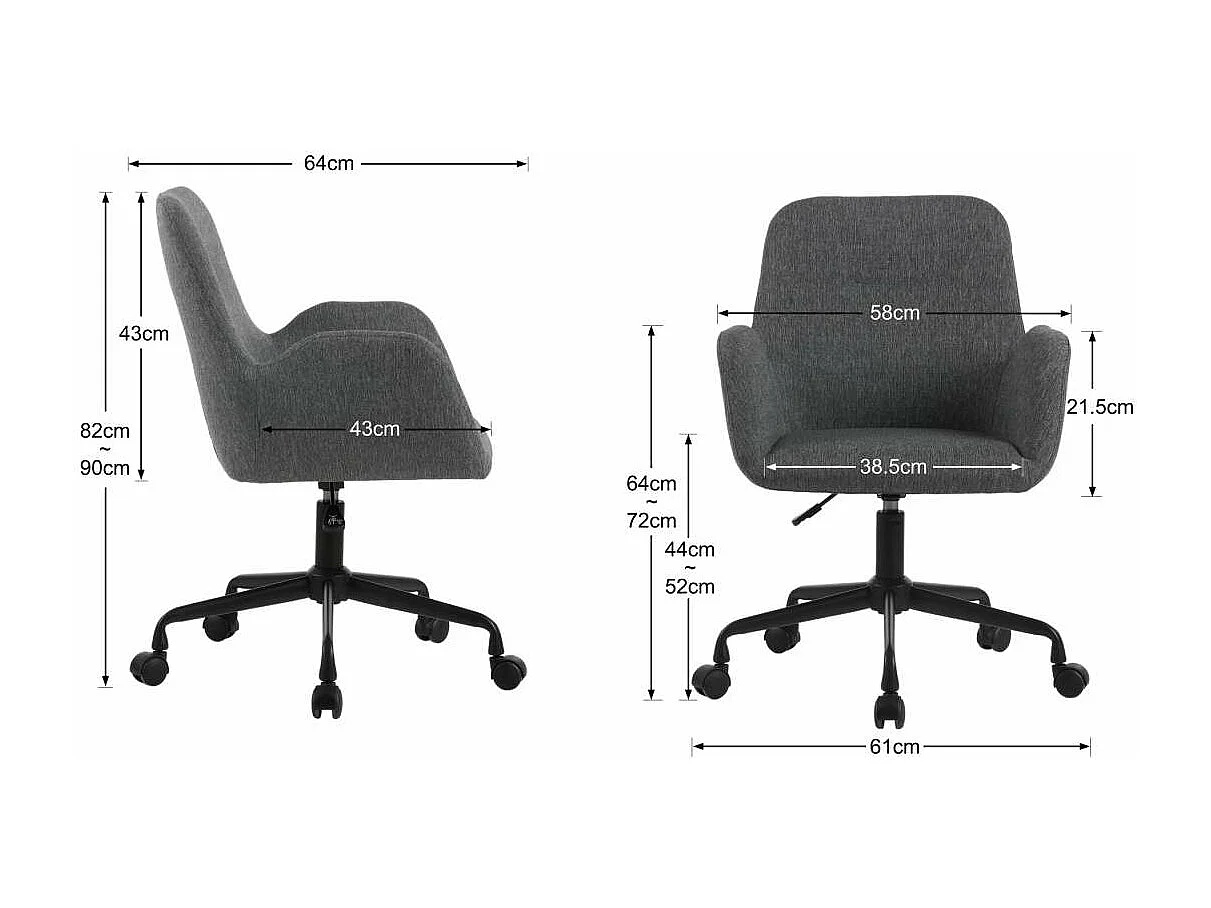 Silla despacho giratoria elevable acabado gris oscuro, 61m(ancho) 82/90cm(altura) 64cm(fon