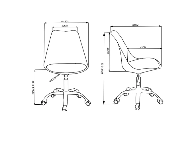 Silla de oficina Adriana acabado blanco. Alto: 85.5-100.5cm Ancho: 47.5cm Fondo: 54.5cm.